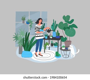 Girl caring for house plants in urban home garden with cat. Daily life and everyday routine scene by young woman in scandinavian, style cozy interior with homeplants. Cartoon vector