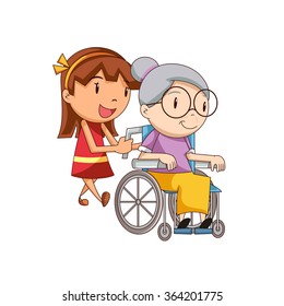 Girl caring old lady, vector illustration