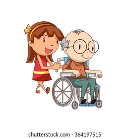 Girl caring old man, vector illustration