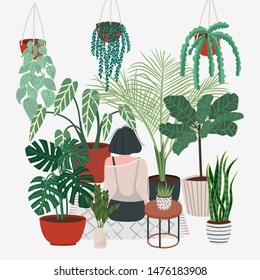 Girl Caring For Plants. Greenhouse, Plants Growing In Pots. Crazy Plant Lady. Watering A Home Garden. Beautiful Girl Take Care Of Plants. Illustration Of House Plants And Flowers In Pots