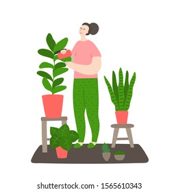 Girl caring for plants. Woman washes a plant with a sponge. Daily life and routine by young woman at home. Flat cartoon vector illustration