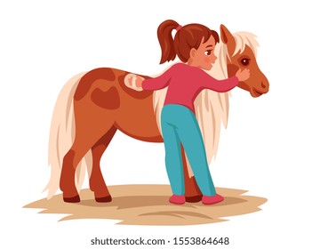 girl caring for a pony, brushing it