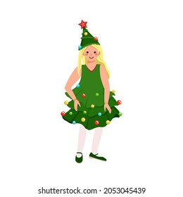 Girl in carnival costume of Christmas tree. Festive masquerade clothes with red star and garland for theatre, new year, Christmas and holiday. Child with joyful face and happy emotions