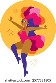 Girl carnival dancer. Beautiful curvy showgirl dancing wearing colorful feather costume. Flat vector character
