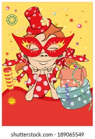A girl in a carnival mask and a hat postcard