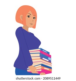The girl carries books. An office worker, a librarian, a lover of reading. White background, vector, flat.