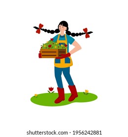 The girl carries a box with seedlings of flowers. Spring work in the garden. A hobby is gardening. Flat style Vector Illustration. isolated on white Background.