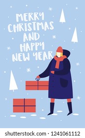 Girl carries boxes with gifts. Festive composition for New Year and Christmas. Happy winter holidays. Vector colorful seasonal illustration.