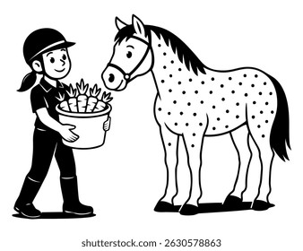 A girl carries a bucket of carrots to a horse