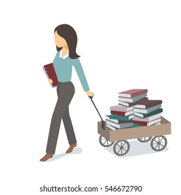 Girl carries a cart with books and education. Vector flat