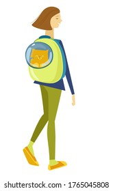The girl carries a cat in a backpack with a porthole. Vector illustration. Isolated on a white background.
