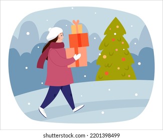 The girl carries gifts for Christmas. A woman walks with presents in her hands. Winter Christmas scene with Christmas tree and gifts. Vector flat illustration.