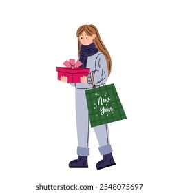 Girl carries gifts. Woman with gift box and package in her hands, surprise for friends or family. Girl in warm winter clothes. Christmas gift. Cartoon flat vector illustration.