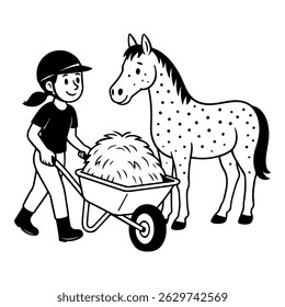 A girl carries hay for a horse in a wheelbarrow