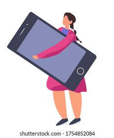 Girl Carries a Huge Mobile Phone.Flat Vector Illustration