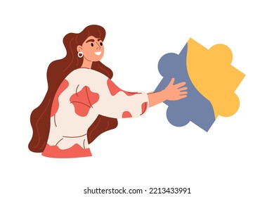 The girl carries part of the idea. Wants to finish the puzzle. The girl collects the whole. Flat graphic vector illustration isolated on white