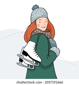 Das Mädchen trägt Schlittschuhe in den Händen. Frau mit Eisläufen in handgezeichnet, einzeln auf weißem Hintergrund. Schlittschuh. Winterspass. Vektorgrafik.