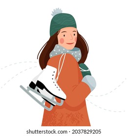 The girl carries skates in her hands. Woman with ice skates isolated on a white background. Skating. Winter fun. Vector iilustration.