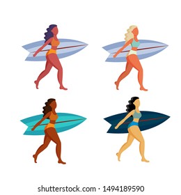 
The girl carries a surfboard. Wet summer illustration. Image on a white background. Set