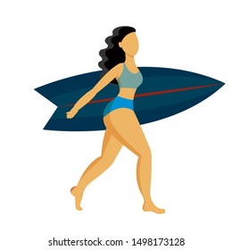 The girl carries a surfboard. Wet summer illustration. Image on a white background.
