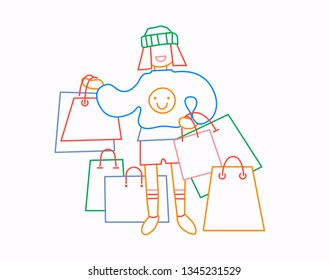 Girl carry shopping bags with purchases. Sale at store. Thin line flat design, vector illustration in bright colours.