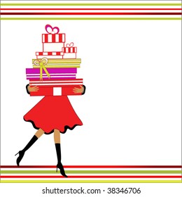 girl carrying armful of wrapped presents