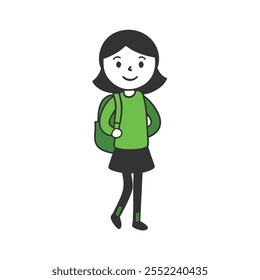 A girl carrying a backpack and ready for school vector element.