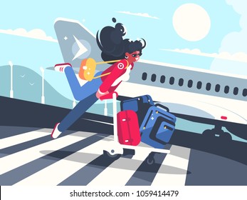 Girl carrying baggage on trolleys for flight. Air transportation service. Vector illustration