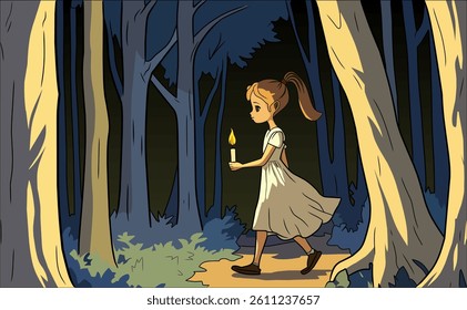 A girl carrying a candle in the dark of night. The darkness alone. Vektor Design Illustration