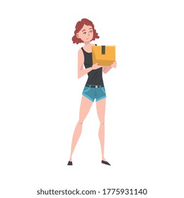Girl Carrying Cardboard Box, Young Woman Receiving or Dispatching Parcel Cartoon Vector Illustration