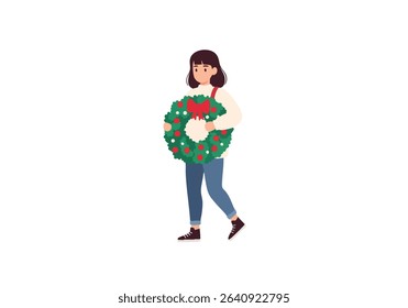 Girl carrying Christmas wreath holiday decoration