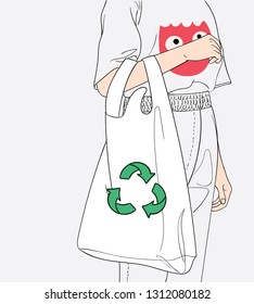 The girl is carrying a cloth bag. To reduce the amount of plastic bags to reduce global warming while shopping in department stores.Doodle art concept,illustration painting