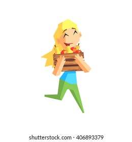 Girl Carrying The Crate Of Apples Primitive Geometric Cartoon Style Flat Vector Design Isolated Illustration