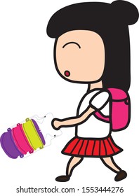 A girl carrying a food carrier walked to school.