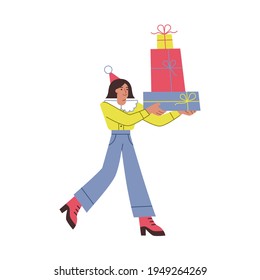 A girl is carrying gift boxes. Vector bright character on white background for postcards, posters and advertising.