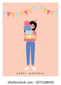 Niña portando cajas de regalo ilustraciones vectoriales en estilo plano. Feliz postal de cumpleaños. Personajes de caricatura.