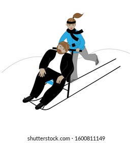 Girl is carrying her boyfriend on a kicksled.