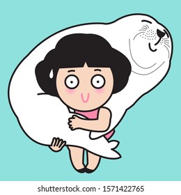 Girl Carrying Her Happy Lover Seal Boyfriend. Love And Relationships Concept Card Character illustration