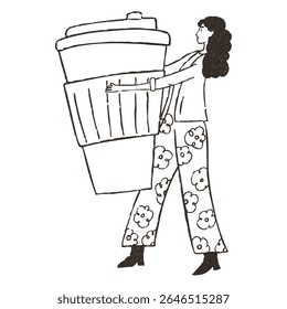 Girl carrying huge paper cup, cartoon doodle vector illustration isolated on white background. Hand drawn outline art with grunge texture. Concept of cafe.
