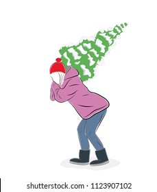 the girl is carrying a New Year tree for the new year and Christmas. vector illustration.