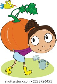 Girl carrying a pumpkin and little bird