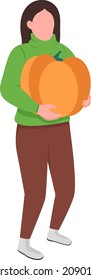 Girl carrying pumpkin semi flat color vector character. Dynamic figure. Full body person on white. Harvest fest isolated modern cartoon style illustration for graphic design and animation
