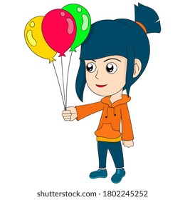 a girl carrying a series of balloons. vector illustration cartoon