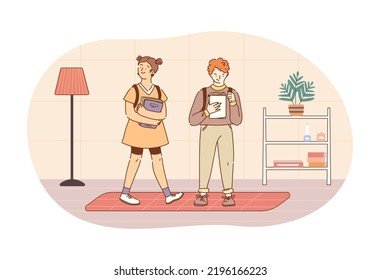 Girl carrying stack of books and guy using tablet PC. Students studying with traditional textbooks and using modern technologies for education in university library hand drawn style vector