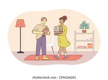 Girl carrying stack of books and guy using tablet PC. Students studying with traditional textbooks and using modern technologies for education in university library hand drawn style vector