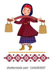 Girl carrying two heavy pails filled with water suspended from a shoulder yoke on her. Ornamental illustration for a folk song. svg