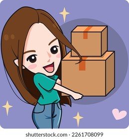 A girl carrying two parcel boxes with a bright smile on vector