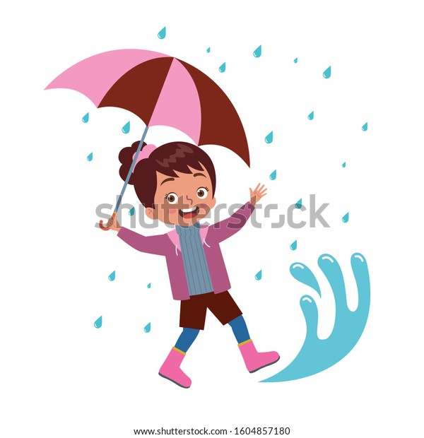 Girl Carrying Umbrella Playing Happily Puddle Stock Vector (Royalty ...