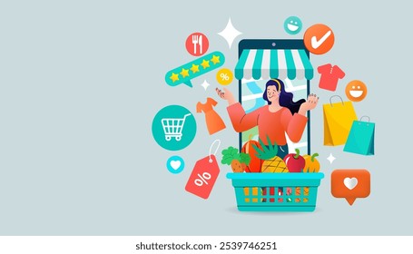 Girl with cart for shopping from the store. E-commerce advertising. fast online delivery service.Grocery order from smart phone. Shopping on social networks through phone flat design style. Vector