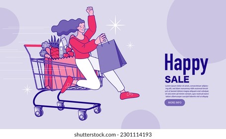 Girl with cart for shopping from the store. Pretty young woman with shopping bags big sale. Internet digital store scene with woman on shopping. E-commerce advertising illustration.